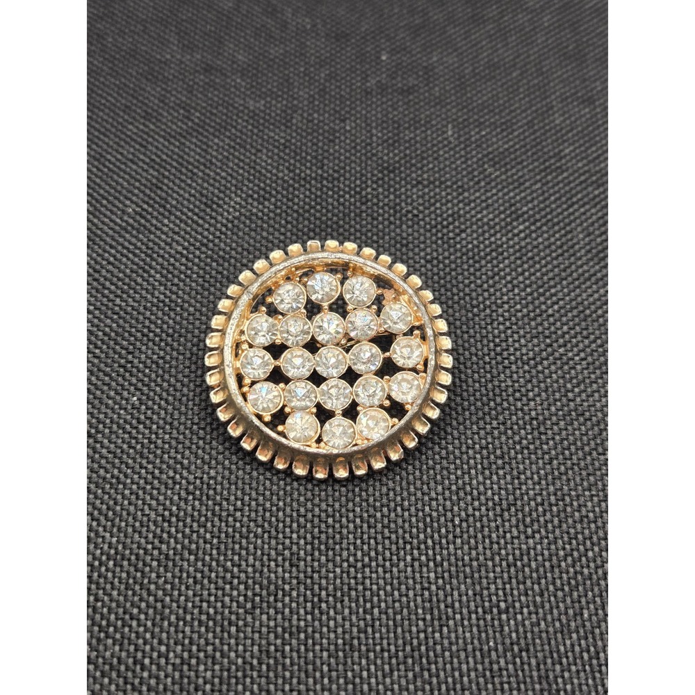 Vintage Gold Tone Round Rhinestone Brooch Sunburst Circle Pin Clear Stones